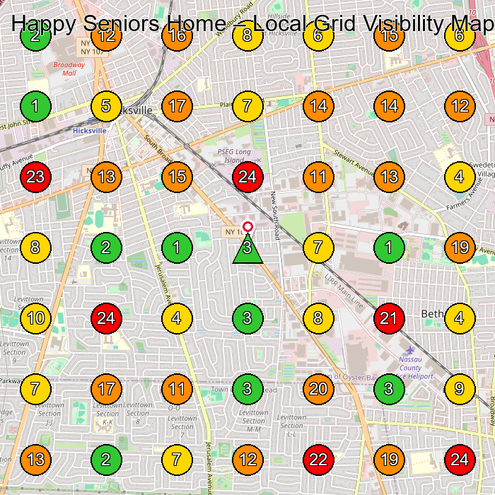 Happy Seniors Home Adult Day Care Center GeoGrid ranking map for 320 S Broadway Hicksville